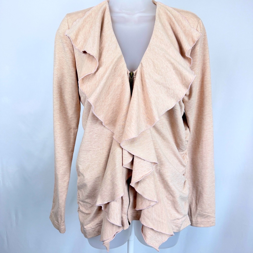 Boston Proper M Oatmeal Ruffle Zip Front Ruched Knit Cardigan Jacket Sweater